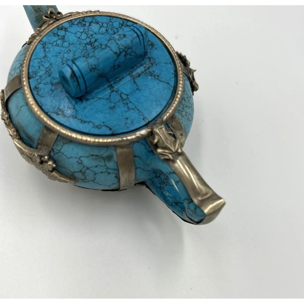 Oriental Turquoise Miniature Teapot with Silver Accents Dragon Phoenix
